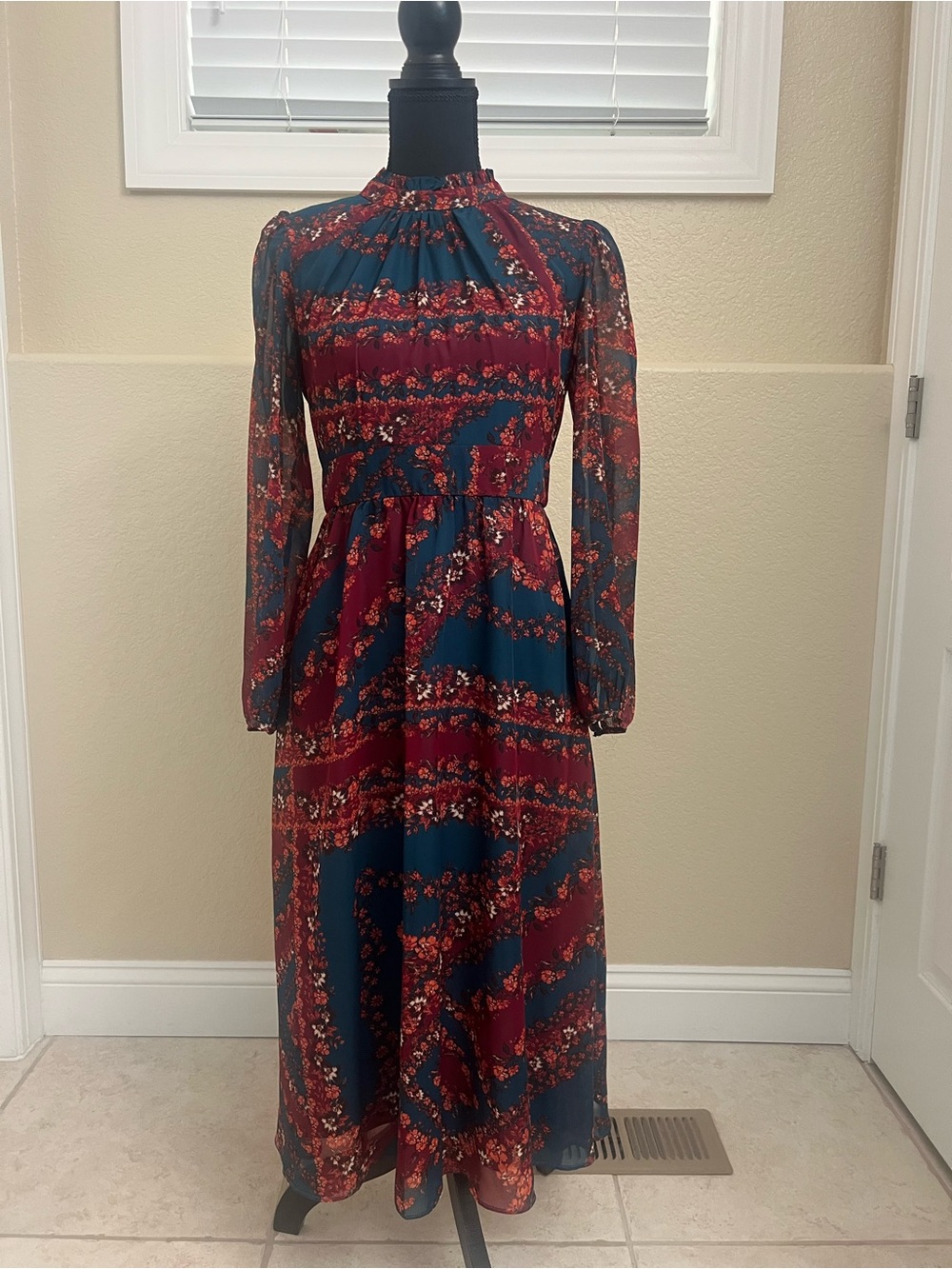 Long Sleeve Floral Maxi Dress in Burgundy and Teal